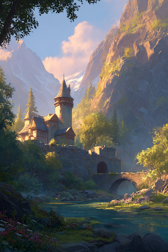 Fantasy castle backing up to a mountain