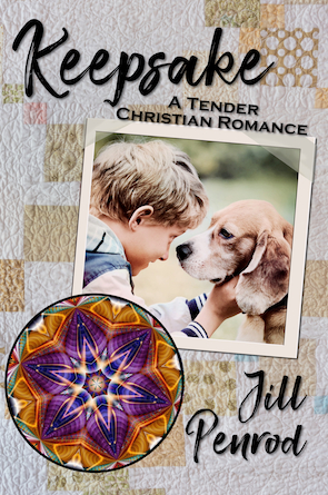 Keepsake cover with a photo of a boy and a dog, a quilt background, and a kaleidoscopic image.