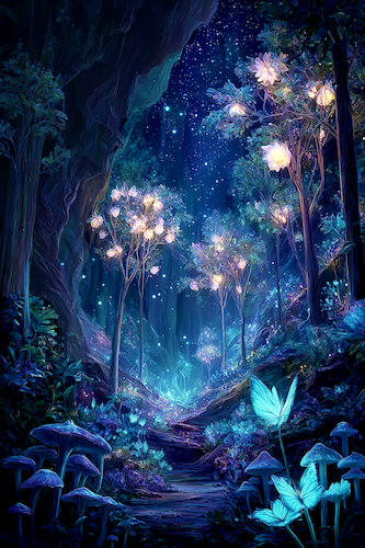 An orchard with glowing fruit and luminescent butterflies growing deep within a cave