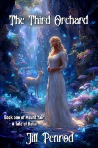 Pretty woman and a white deer in a glowing orchard, the cover of The Third Orchard