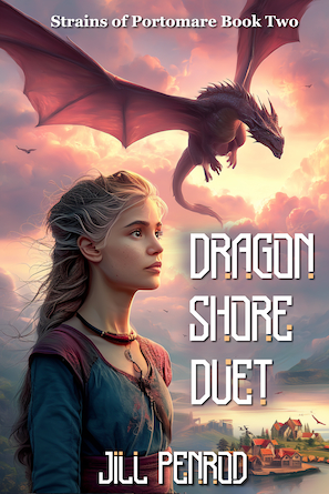 Cover image of Dragonshore Duet, a teenage girl looking into a dragon-filled sky.