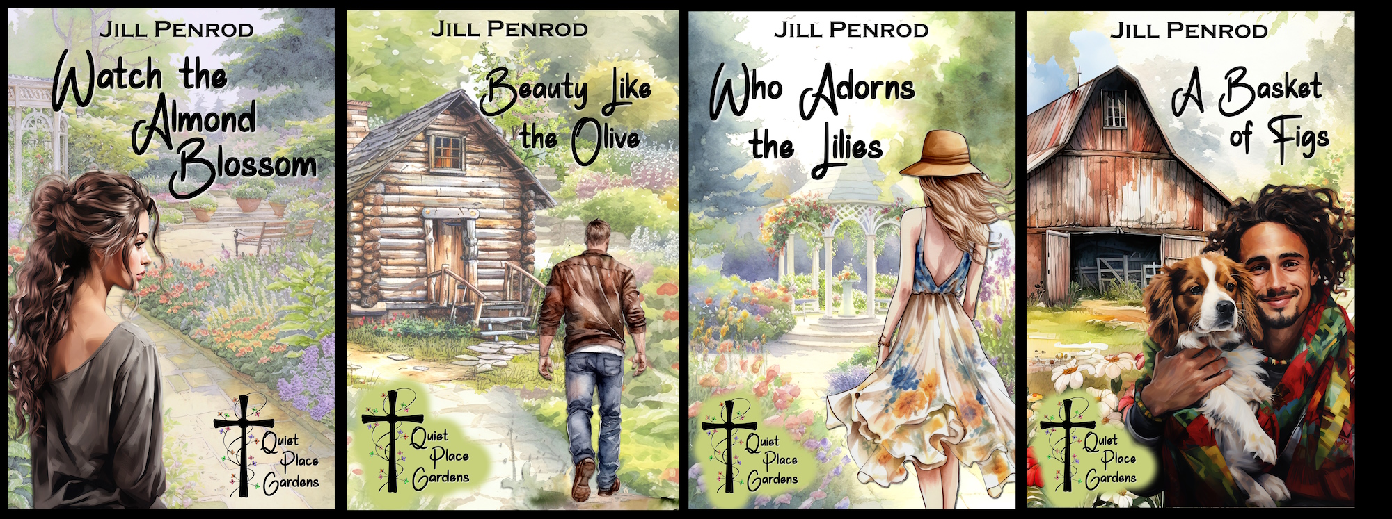 Four cover images with characters and gardens