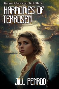 A woman stands in front of a treehouse village, cover image for Harmonies of Tekrosen