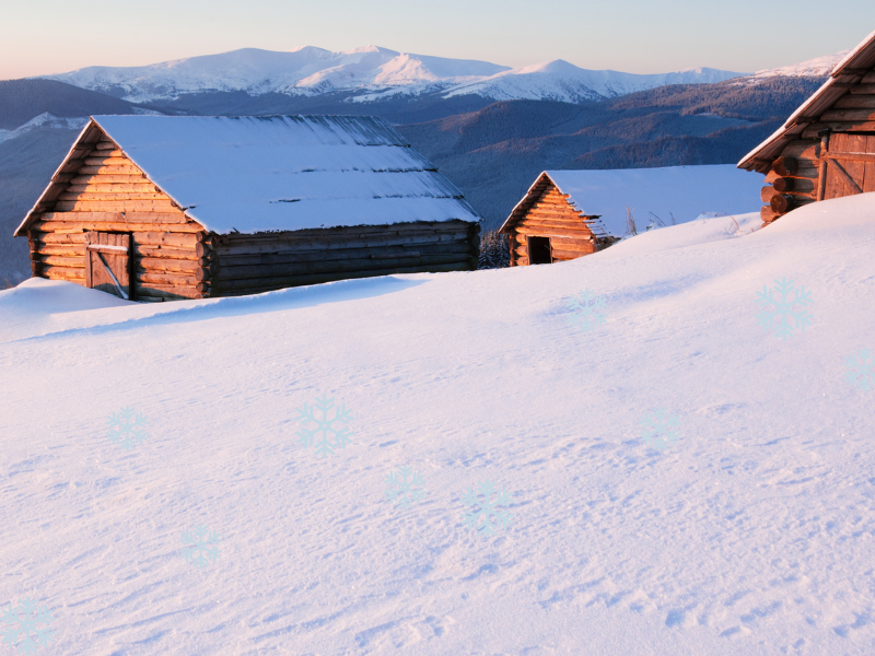 wooden homes in the snow