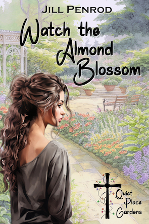 Watch the Almond Blossom cover. A watercolor painting of a young woman looking over her shoulder in front of a garden