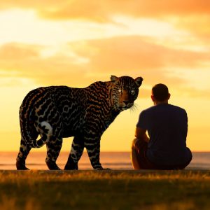 Image of a large wildcat with glowing eyes standing guard over a man