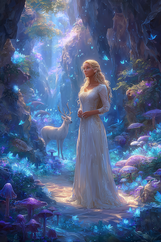 A young woman stands in a crystalline forest
