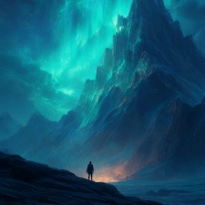 Lone man stands at the base of a huge, imposing mountain