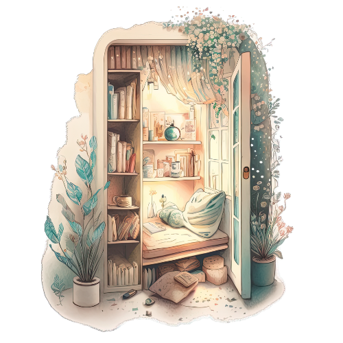 Watercolor painting of Jane's book nook