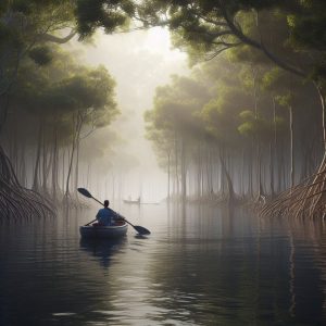 a man rafts down a swampy river
