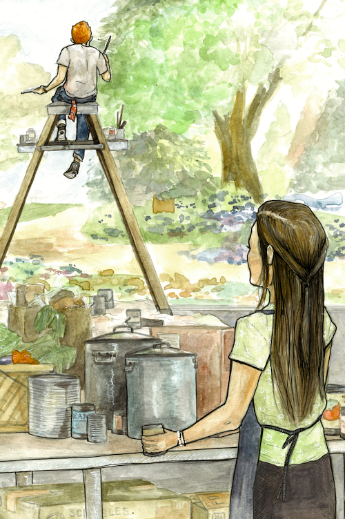 A young man paints a wall while a young woman looks on from a kitchen window.