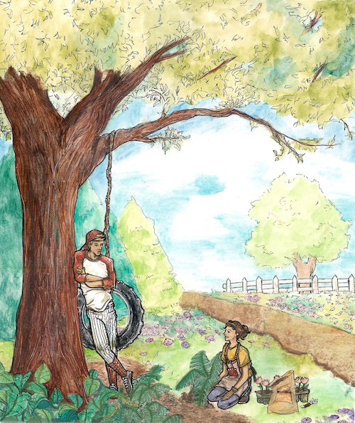 Painting of Finn and Piper in the garden