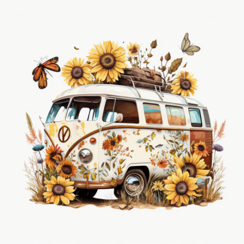 watercolor painting of a van decorated with flowers
