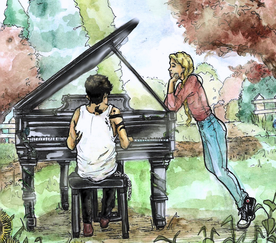Drawing of Leo and Meg at the piano by Lydia Underwood