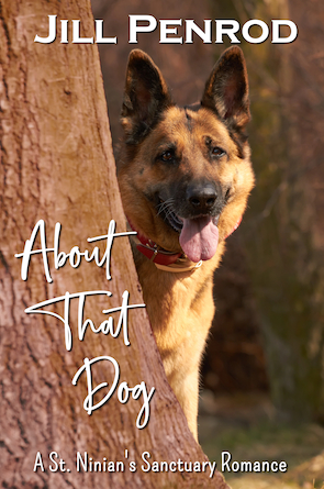 German Shepherd partially behind a tree